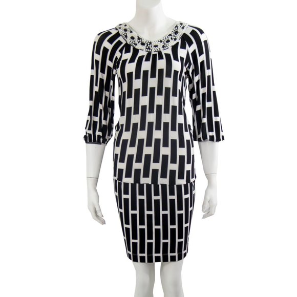 BCBG New Black White Dress Beaded Collar Check Party Cocktail Small - Picture 1 of 4